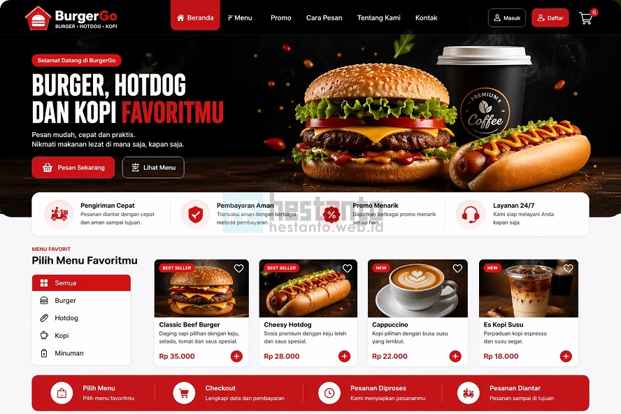 Front Page Aplikasi Layanan Order Online Makanan & Minuman (Web Based PHP dan MySQL)