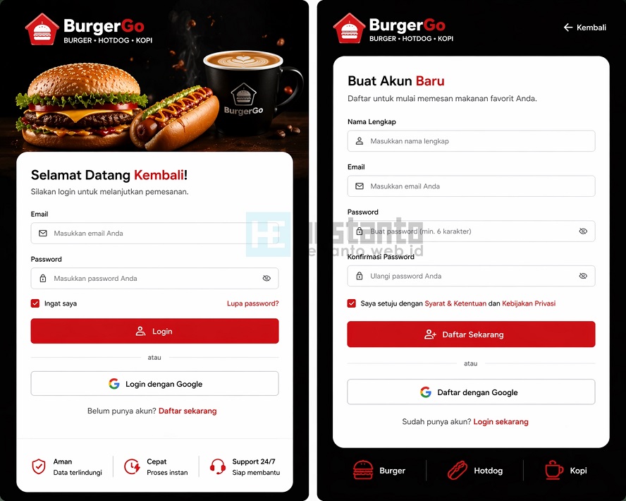 Login dan Register Aplikasi Layanan Order Online Makanan & Minuman (Web Based PHP dan MySQL)