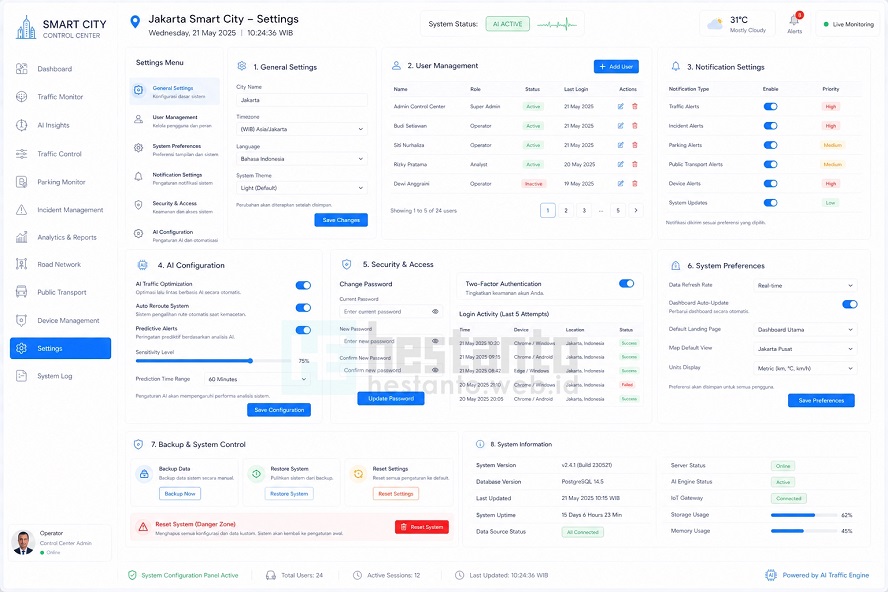 Menu Settings Sistem Informasi Transportasi & Smart City Bebasis Ai