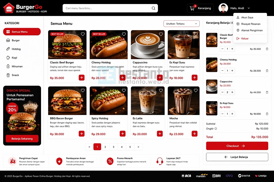 Menu Pelanggan Login Aplikasi Layanan Order Online Makanan & Minuman (Web Based PHP dan MySQL)