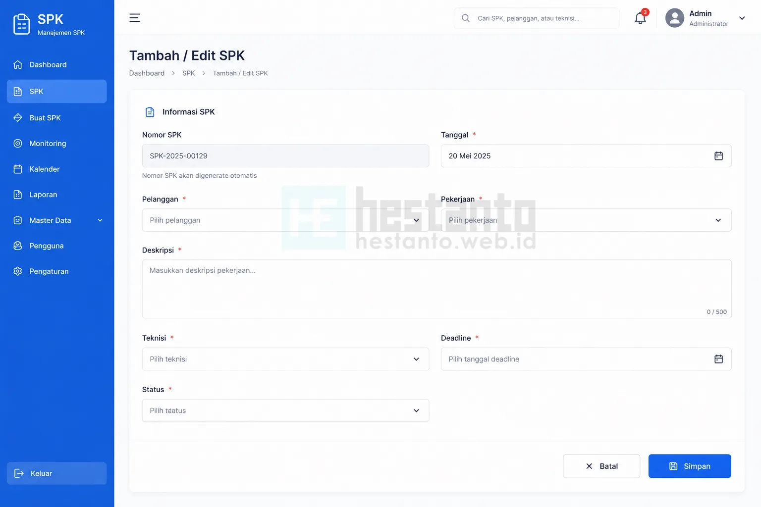 2.1 Form Tambah Edit SPK (SPKApp - Aplikasi Manajemen Surat Perintah Kerja)
