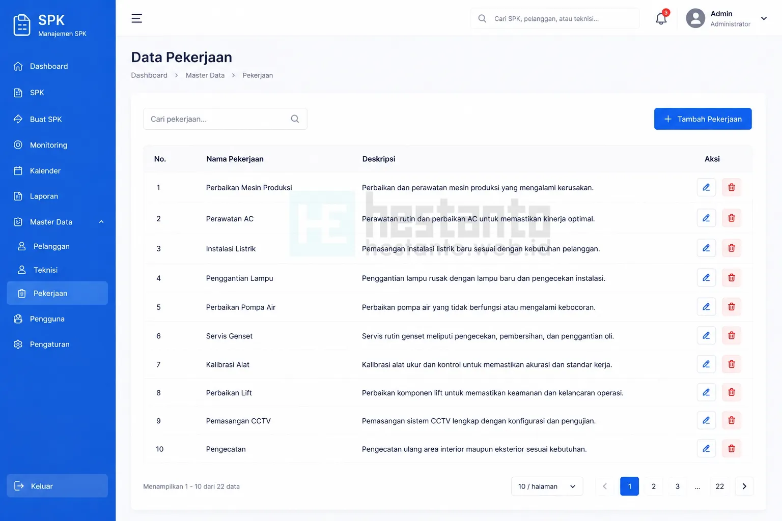 4. Halaman Data Pekerjaan (SPKApp - Aplikasi Manajemen Surat Perintah Kerja)