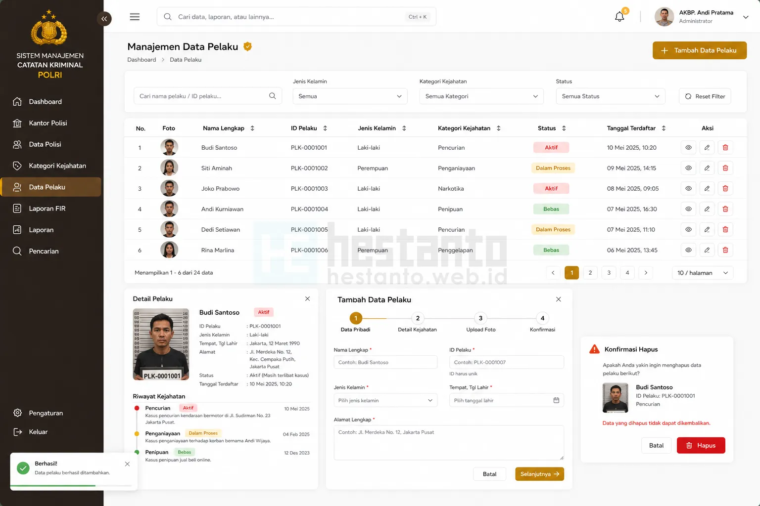 Menu Data Pelaku - Sistem Manajemen Catatan Kriminal (Criminal Records Management SystemCRMS)