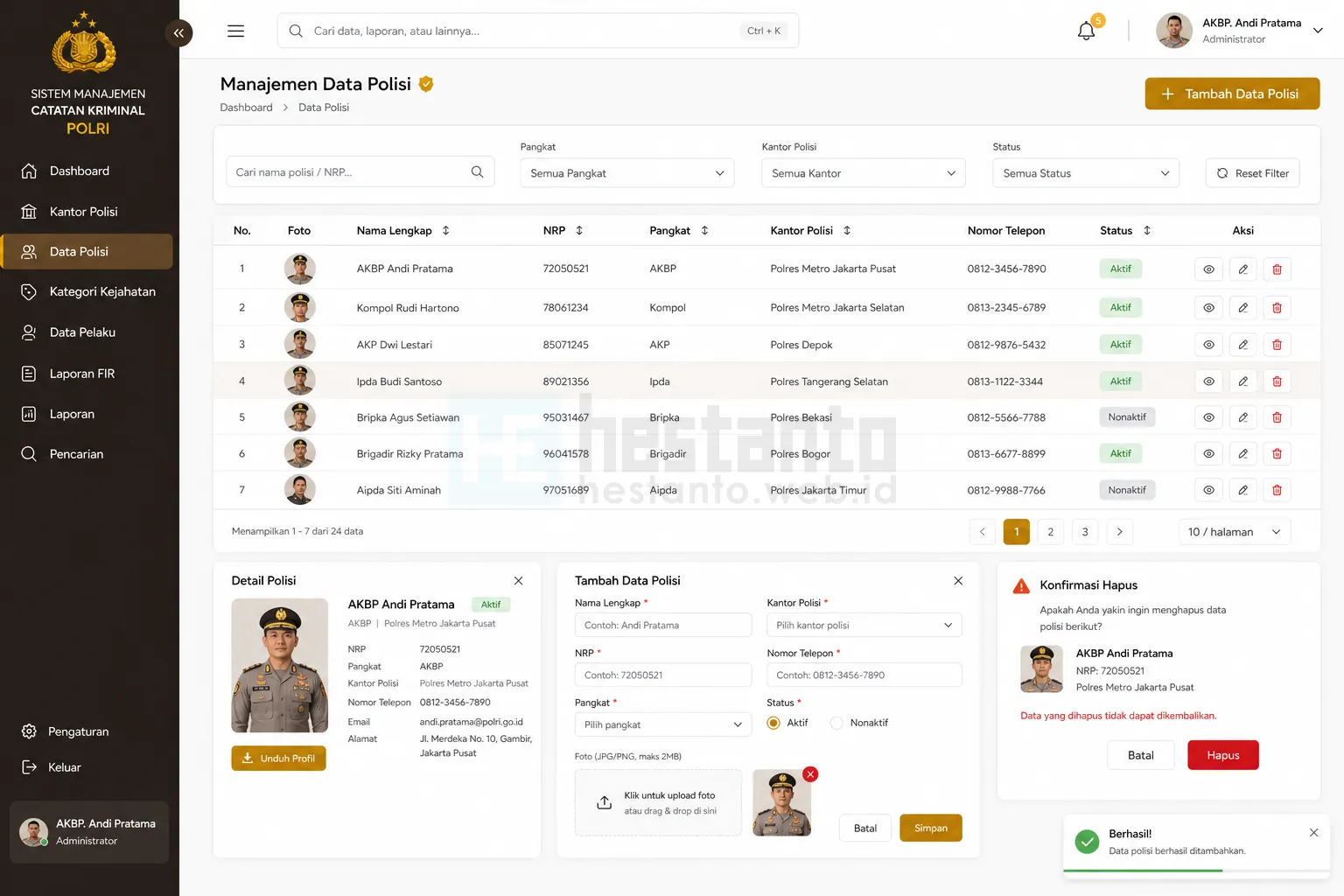 Menu Data Polisi - Sistem Manajemen Catatan Kriminal (Criminal Records Management SystemCRMS)