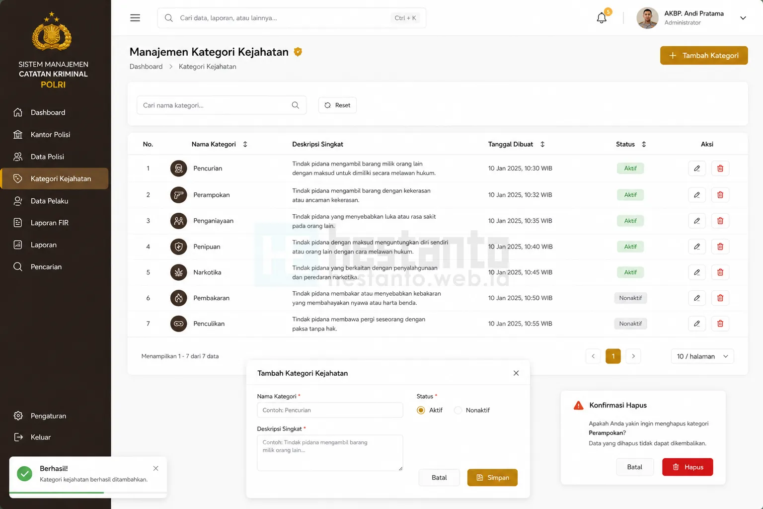 Menu Kategori Kejahatan - Sistem Manajemen Catatan Kriminal (Criminal Records Management SystemCRMS)